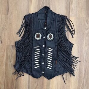 Hot Leathers Vintage Black Leather Fringe Beaded Biker Vest Women grunge emo